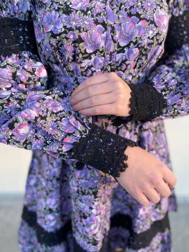 Winter Cotton Belt Dress Purple Flowers
