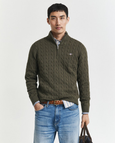 Cotton Cable Half Zip Green Melange