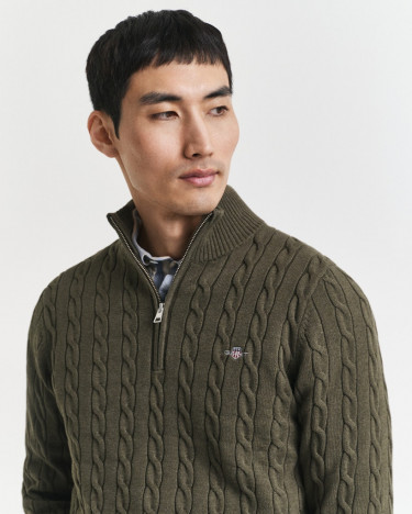 Cotton Cable Half Zip Green Melange