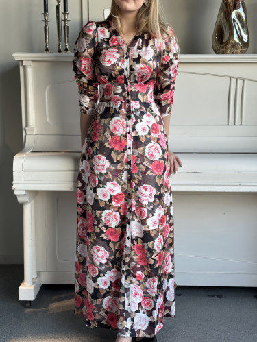 Satin Button-Down Dress Midnight Roses