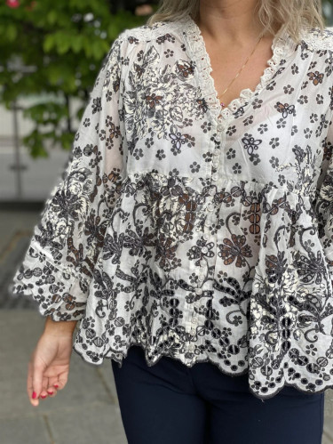 Broderie Anglaise Flared Blouse Faded Flower